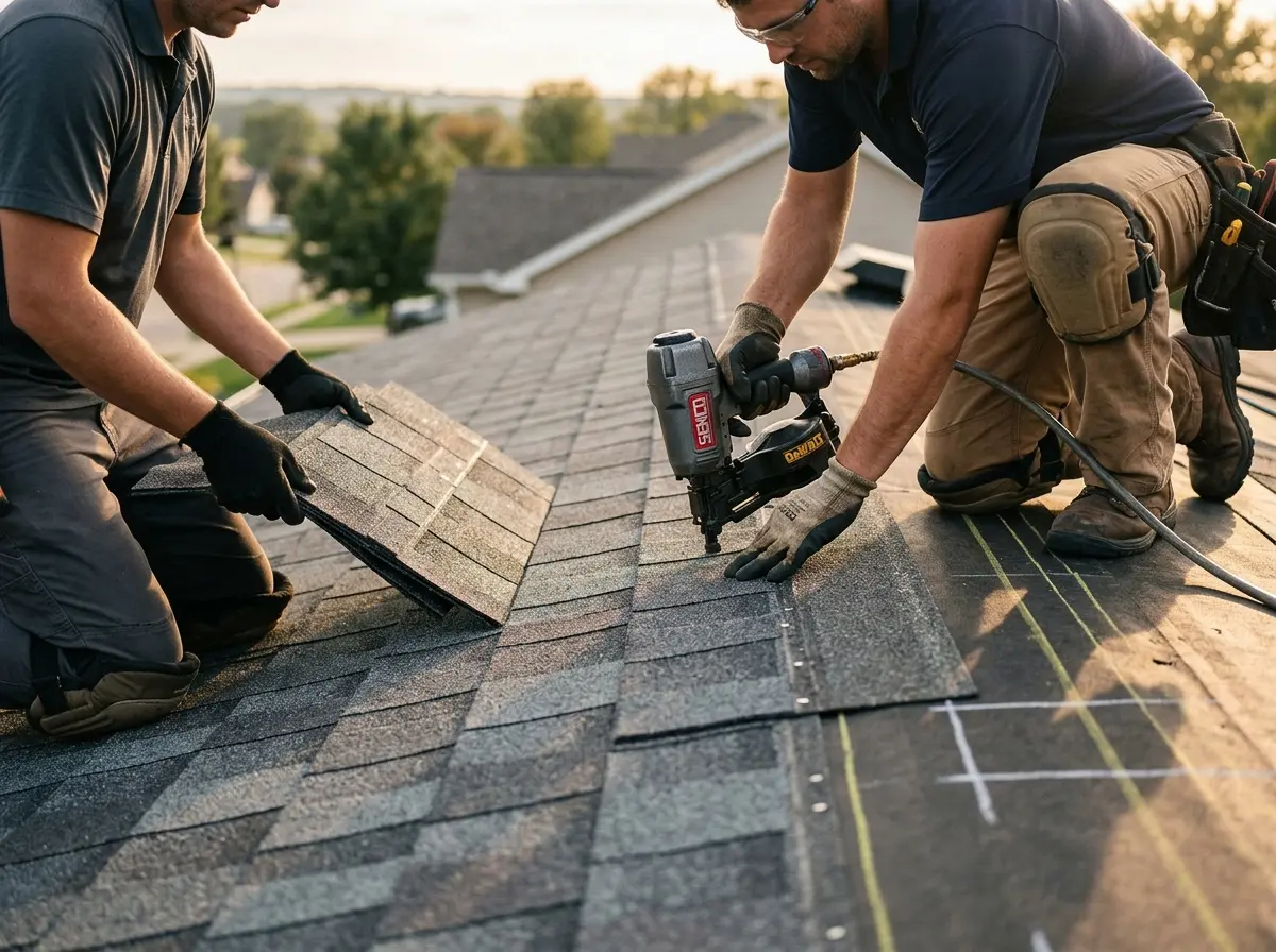 Professional roofer working on a residential roof in Swainsboro